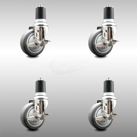 Service Caster 4 Inch 316SS Thermoplastic Rubber Swivel 1-3/4 Inch Stem Caster Set Brake SCC SCC-SS316EX20S414-TPRB-TLB-134-4